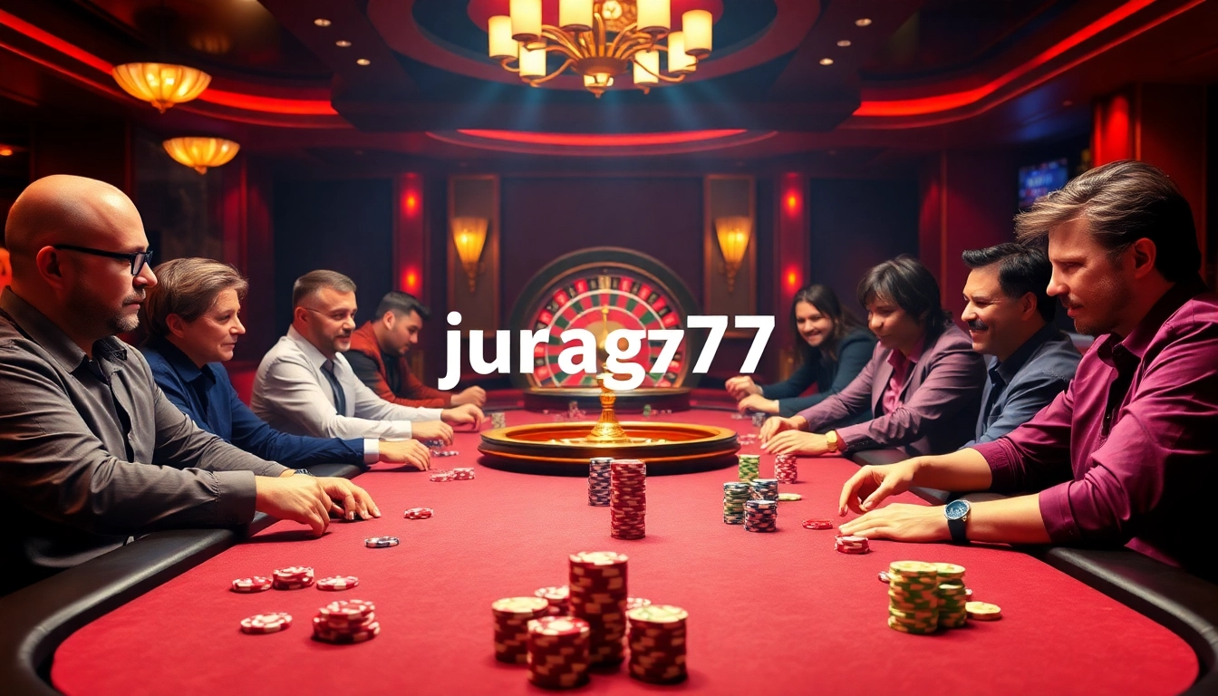 Players enjoy an exciting game at a juragan77-themed casino table, showcasing poker, roulette, and vibrant chips.