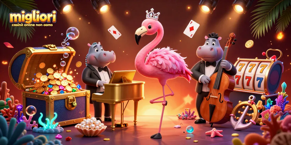 Illustrazione coinvolgente dei migliori casinò online non AAMS con una scena di casinò flamboyant e personaggi vivaci.