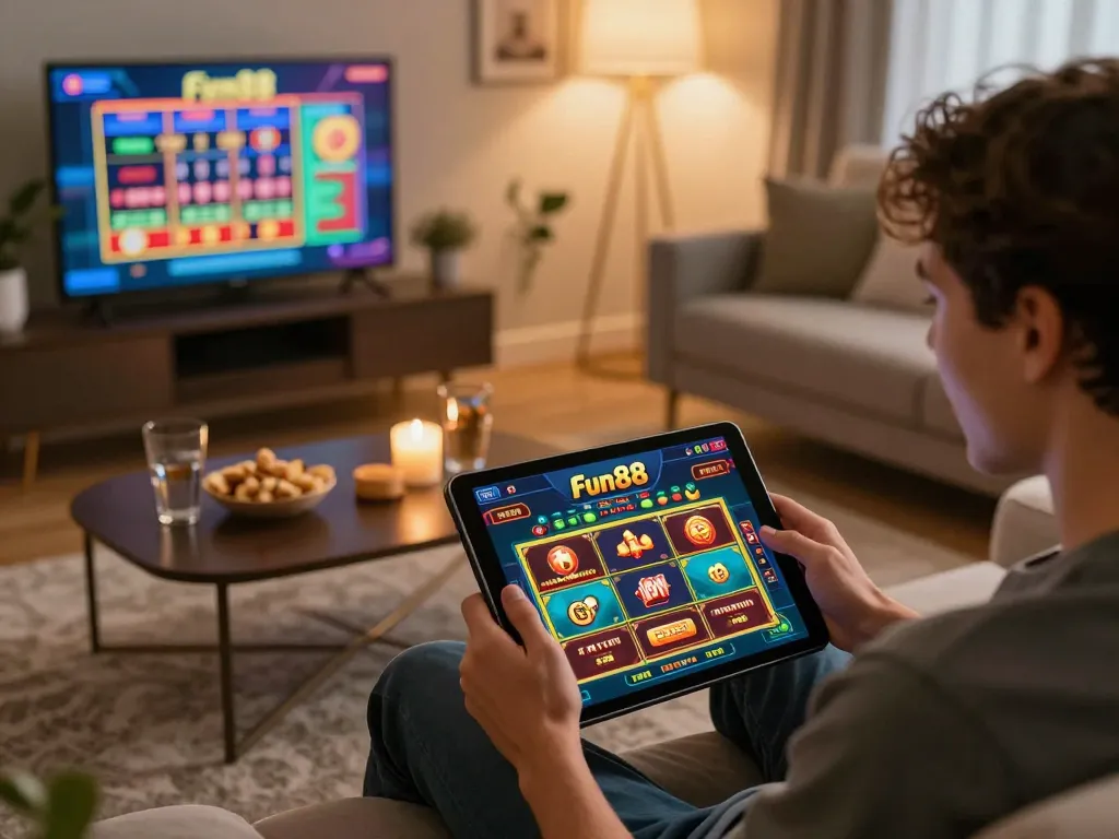 Engaging in online gaming action on Fun88 with vibrant gaming visuals in cozy home setting