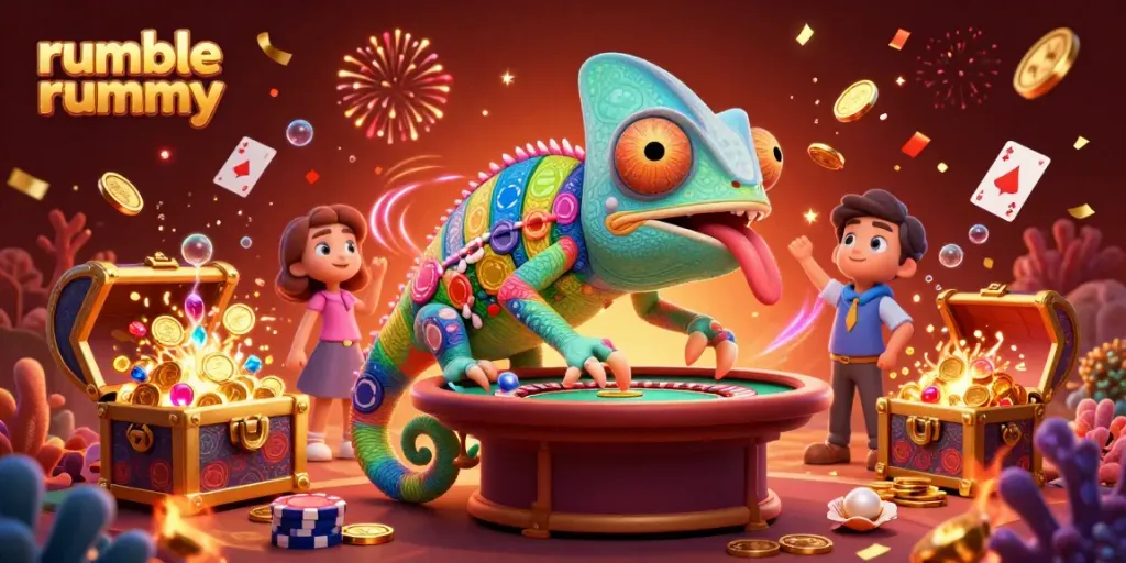 Experience thrilling gameplay in Rumble Rummy with a vibrant casino-themed illustration depicting a chameleon owner amidst dynamic festive elements.