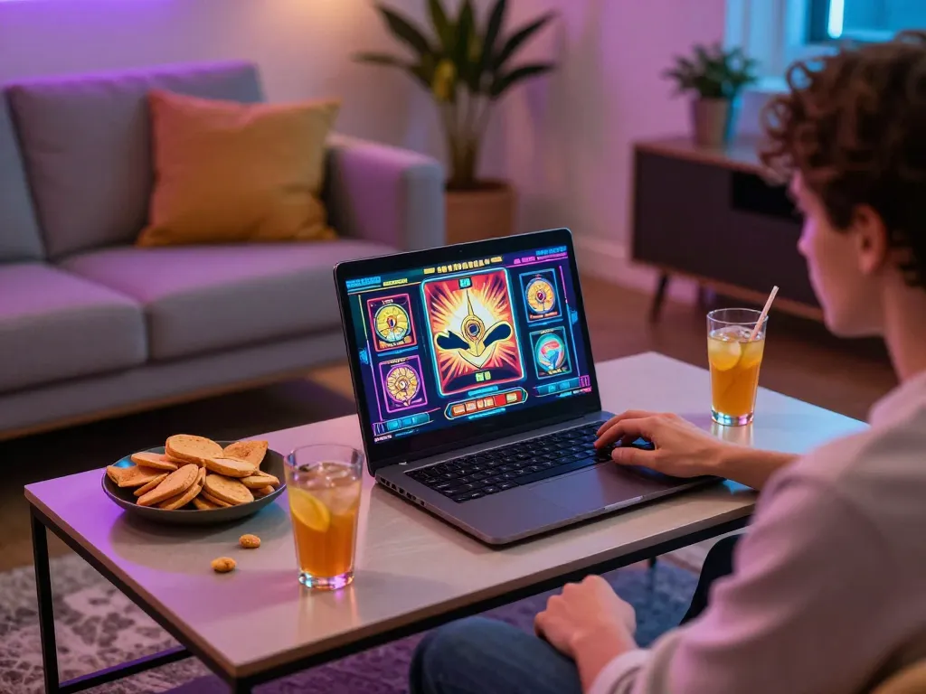 Engaging online slot gameplay on a laptop screen, showcasing vibrant graphics and a relaxed gaming environment.