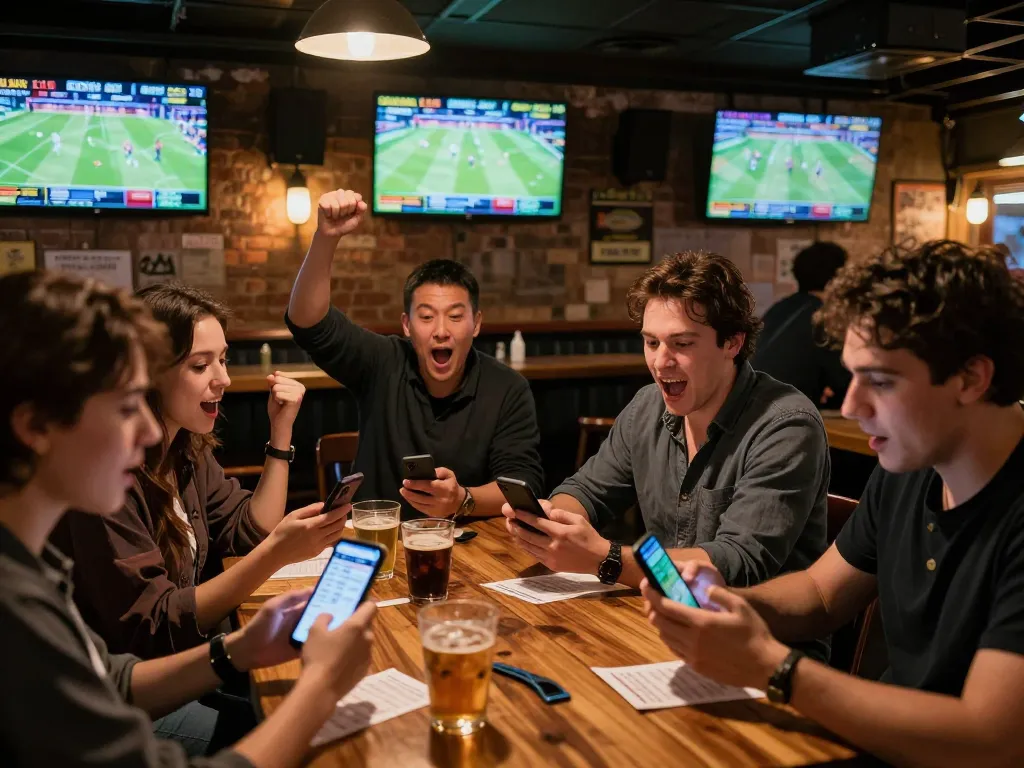 open88 sports fans enthusiastically betting on games at a vibrant sports bar