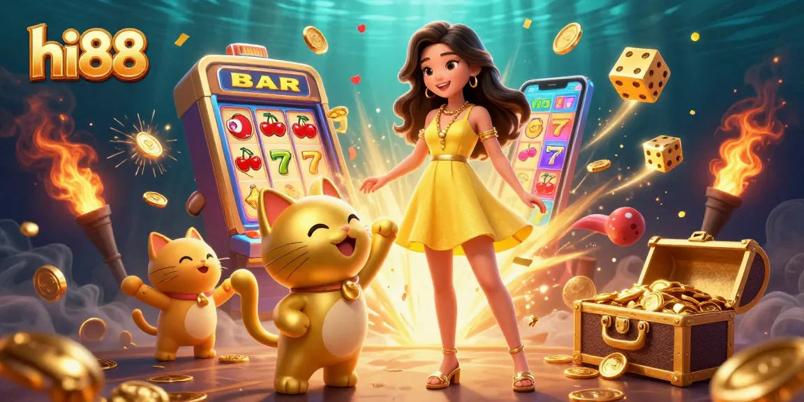 Experience exciting gameplay at hi88 with a cheerful Asian woman, lucky cat, and vibrant casino games.