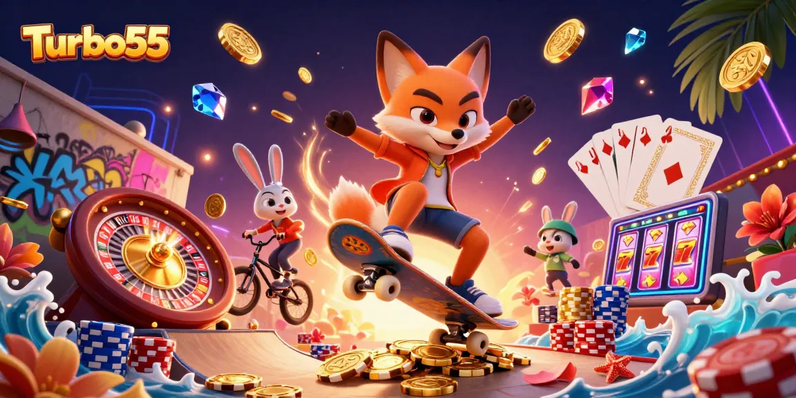 Turbo55 showcases a vibrant scene with a skateboarder fox and BMX-riding rabbit among casino symbols.