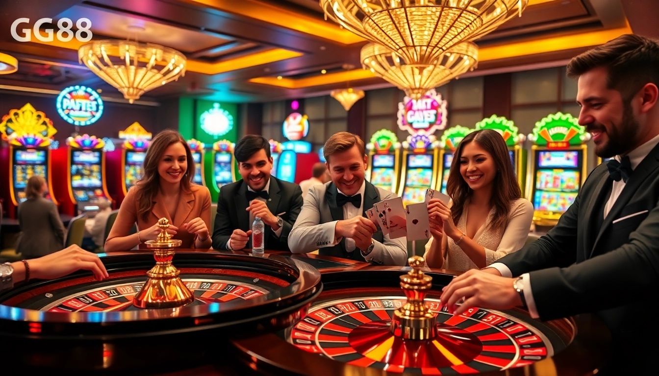 Players celebrating at a GG88 roulette table amidst a vibrant casino atmosphere.