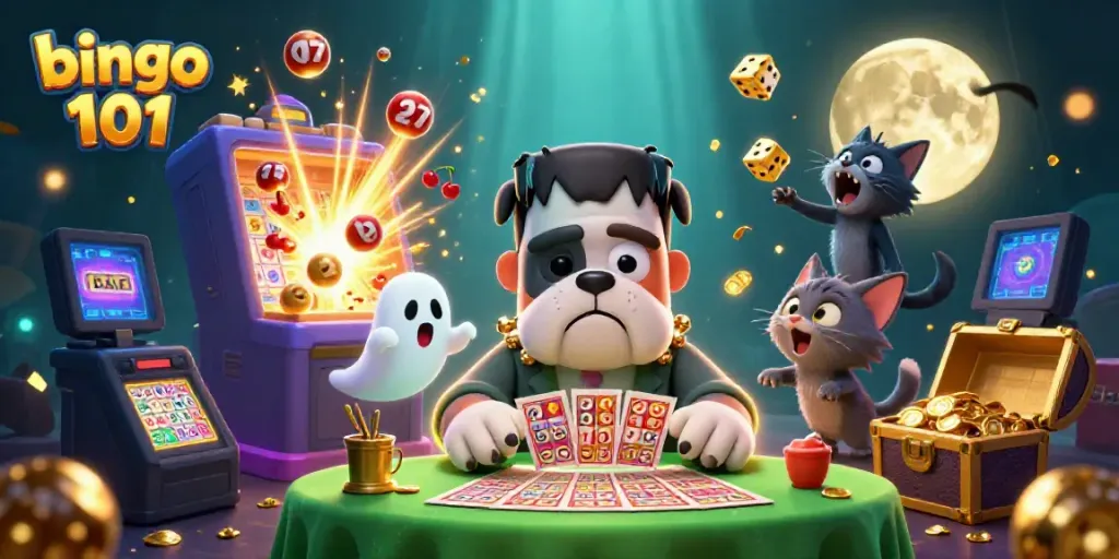 Engage with fun and excitement in Bingo 101 as a Frankenstein bulldog deals cards amidst a jackpot of bingo balls.