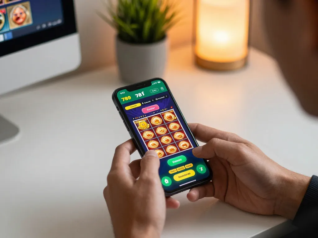 Engaging gameplay experience on the 789 f app with a smartphone displaying colorful slots, promoting responsible gambling.