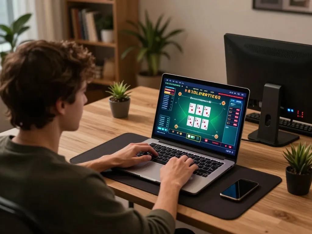 Betbdt user engaging in online poker game, showcasing a modern setup for responsible gambling