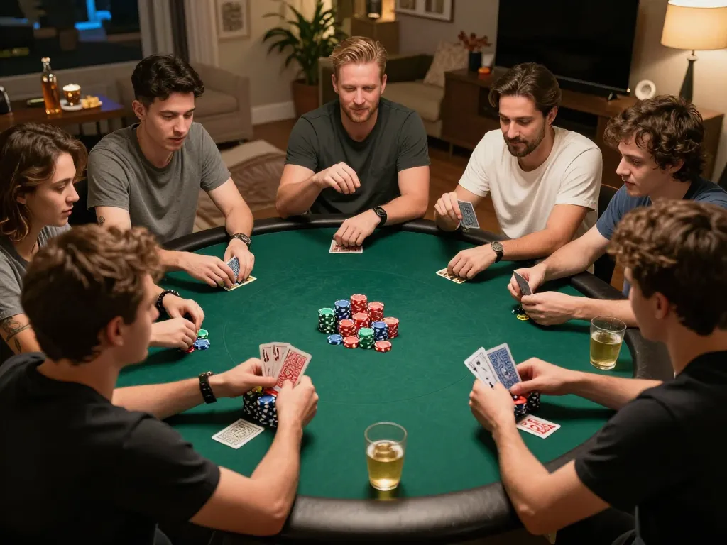 Friends enjoying a thrilling poker game at home, showcasing NK88 strategies and social interactions.