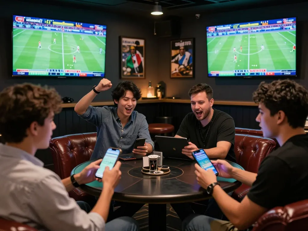 8live sports bettors engaging with smartphones while watching live matches in a stylish lounge setting.