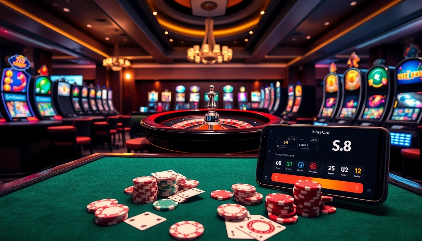 Experience thrilling S8 gameplay with poker chips and roulette at a vibrant casino table.