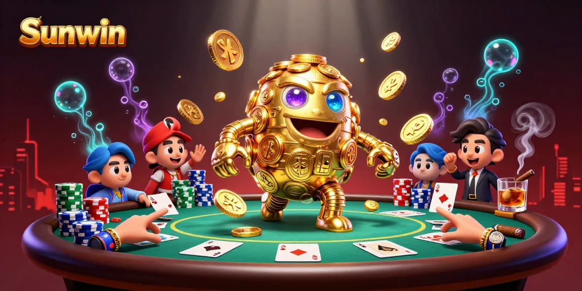 Engage in thrilling gameplay with Sunwin at an exciting poker table surrounded by vibrant casino elements.