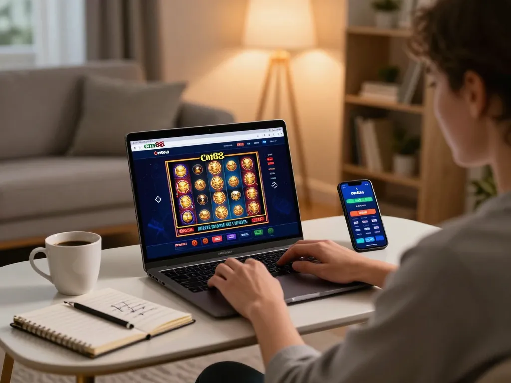 Person using cm88 to play online slots in a cozy living room setting, showcasing a modern gaming experience.