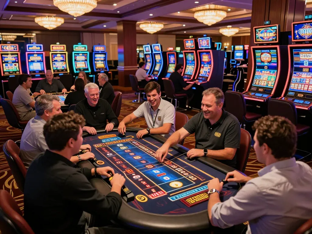Tg88 trang chủ offers an exciting view of players betting at casino tables amidst vibrant ambiance.