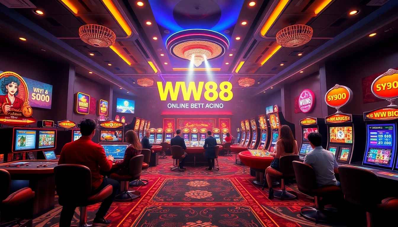 WW88 gaming scene featuring soccer betting, baccarat, and vibrant slot machines for online casino thrills.