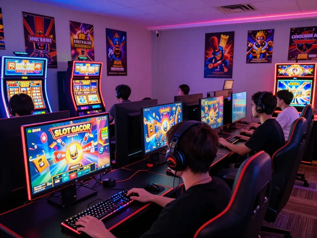 Players enjoying SLOT GACOR online slot games in a vibrant gaming room.