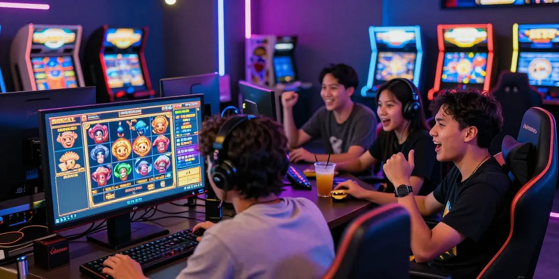 Group of friends enjoying slot gacor gaming with vibrant screens and snacks.
