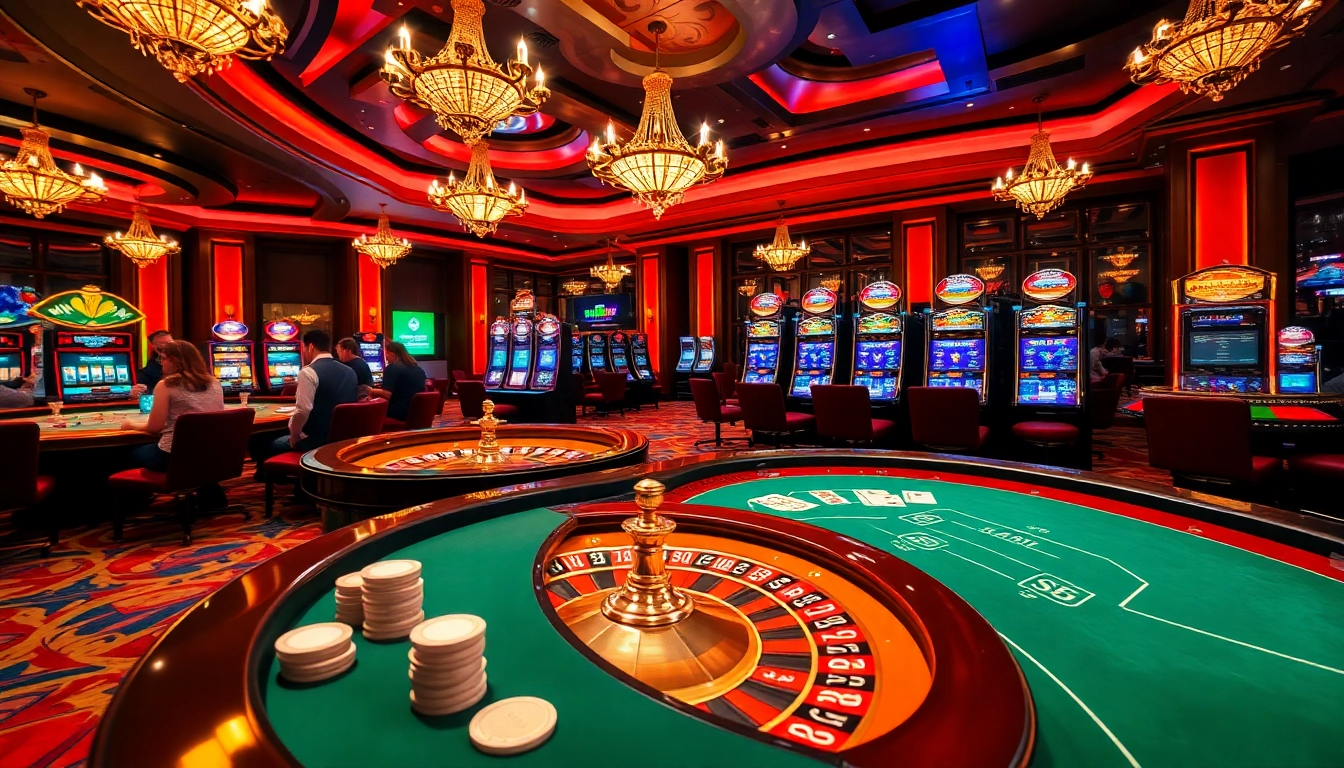 Experience the thrill of jun888 in a luxurious casino setting with vibrant tables and slot machines.