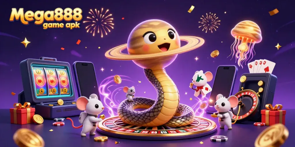 Experience the thrill of mega888 game apk with vibrant casino elements and animated characters.