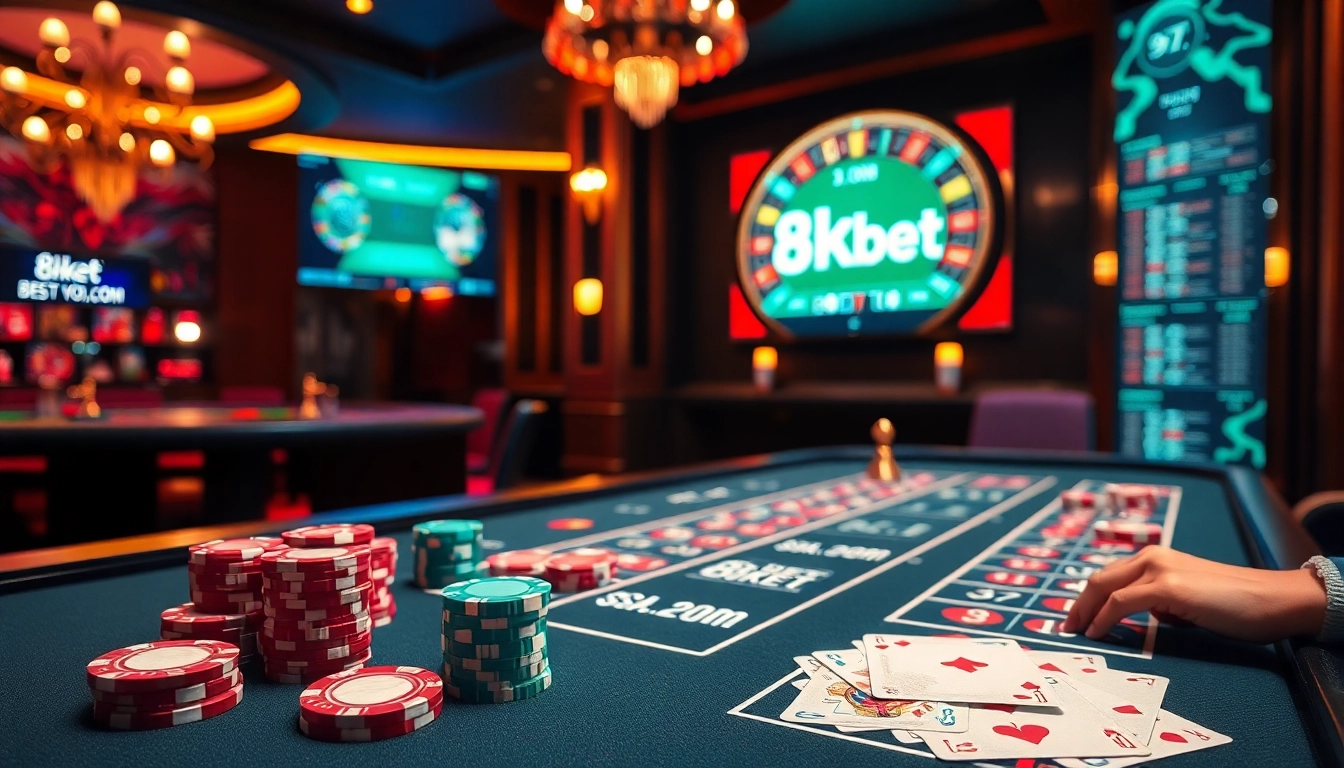 Experience the excitement of 8kbet .com with vibrant poker chips and an elegant roulette wheel.