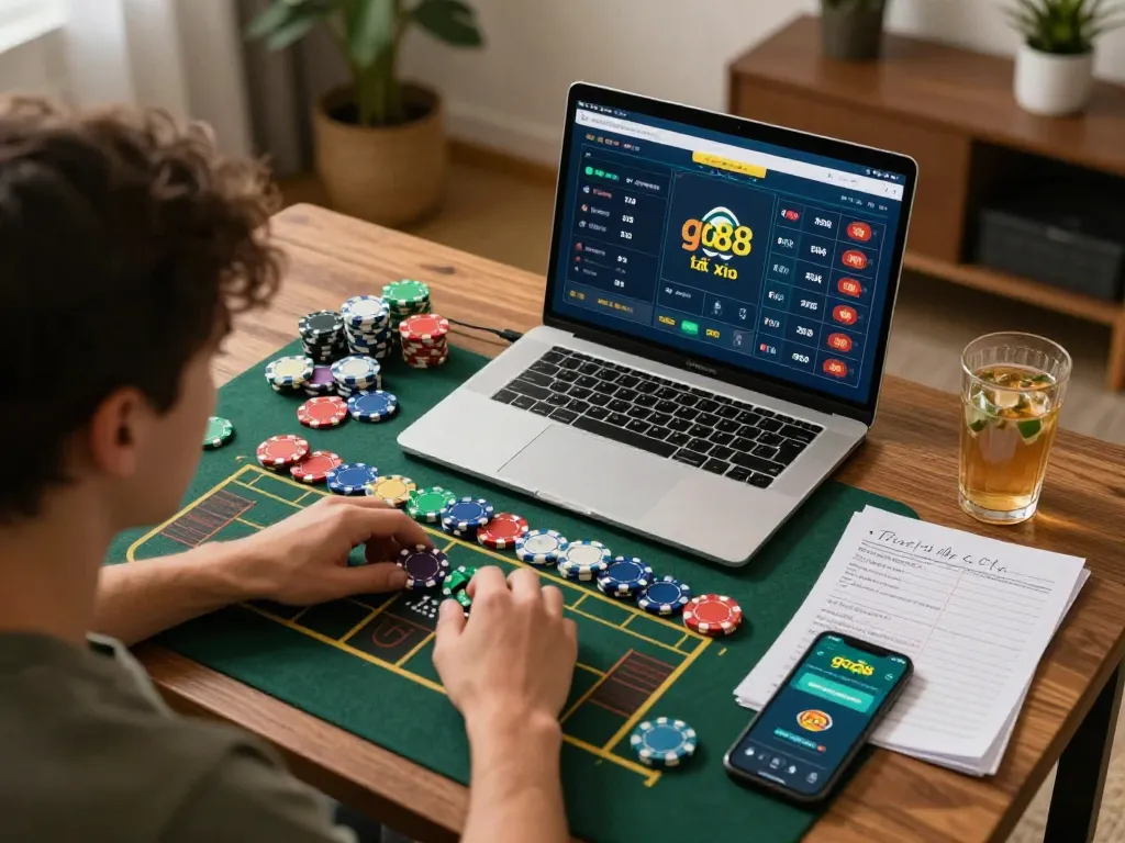 Engaging player enjoying go88 tài xỉu online, laptop screen displaying betting interface and colorful chips.