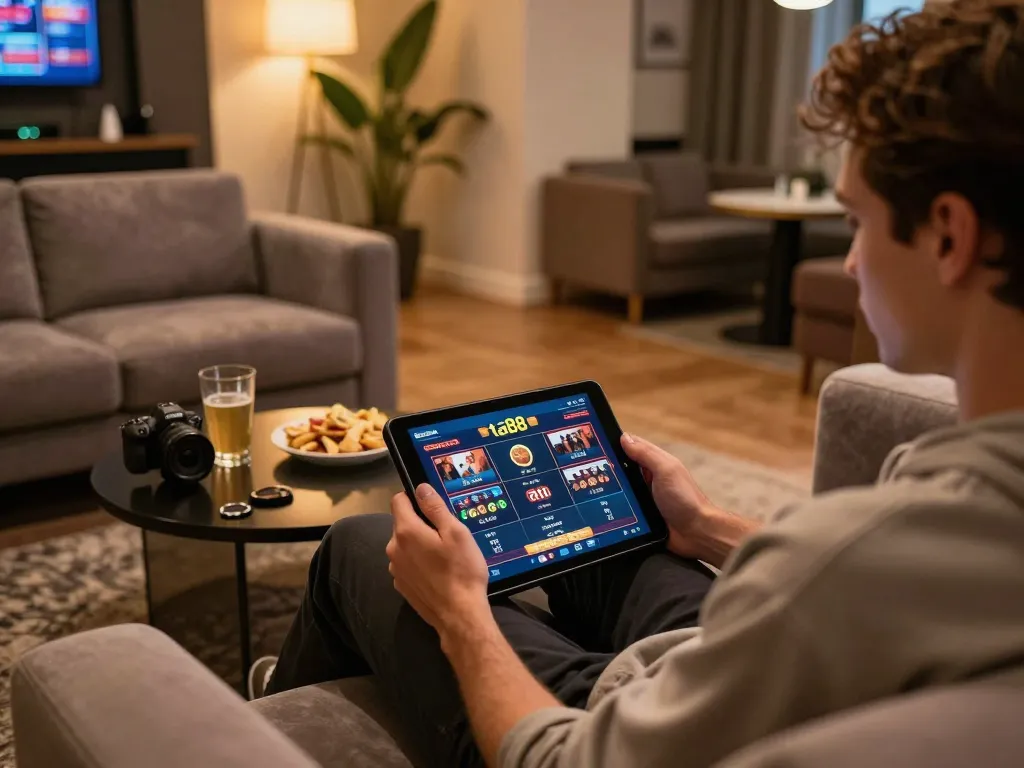 Player enjoying online gambling on ta88 platform with tablet, relaxed home setting