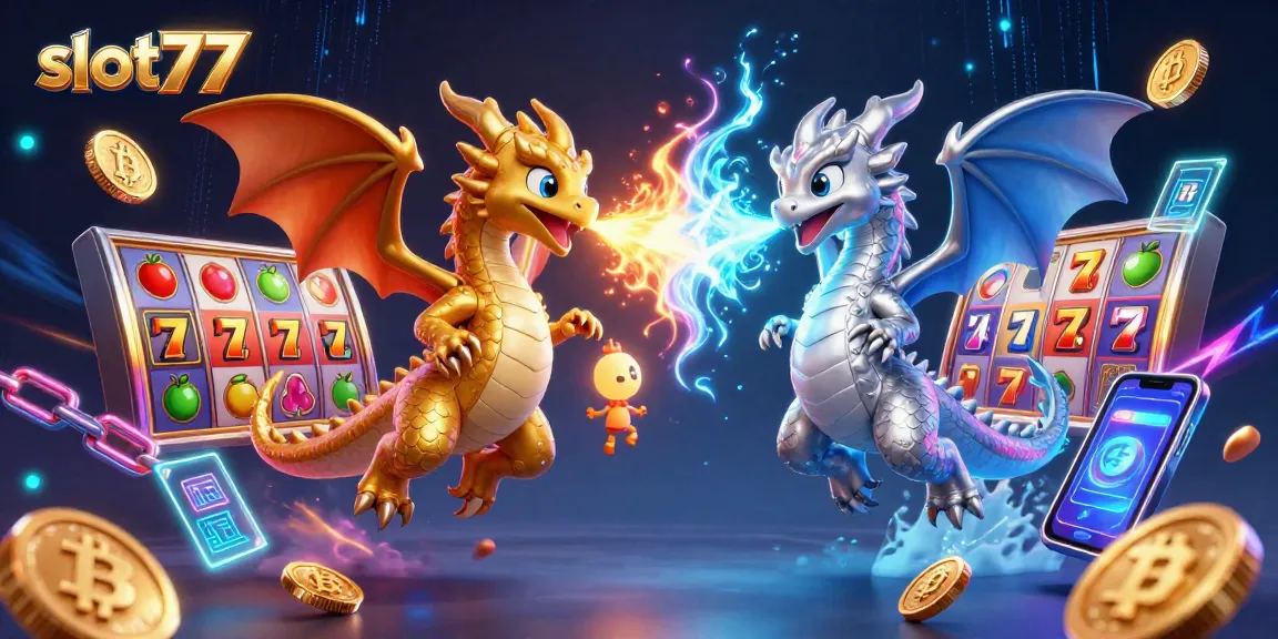 Experience the thrill of slot77 gaming with gold and silver dragons amid exciting jackpot symbols.