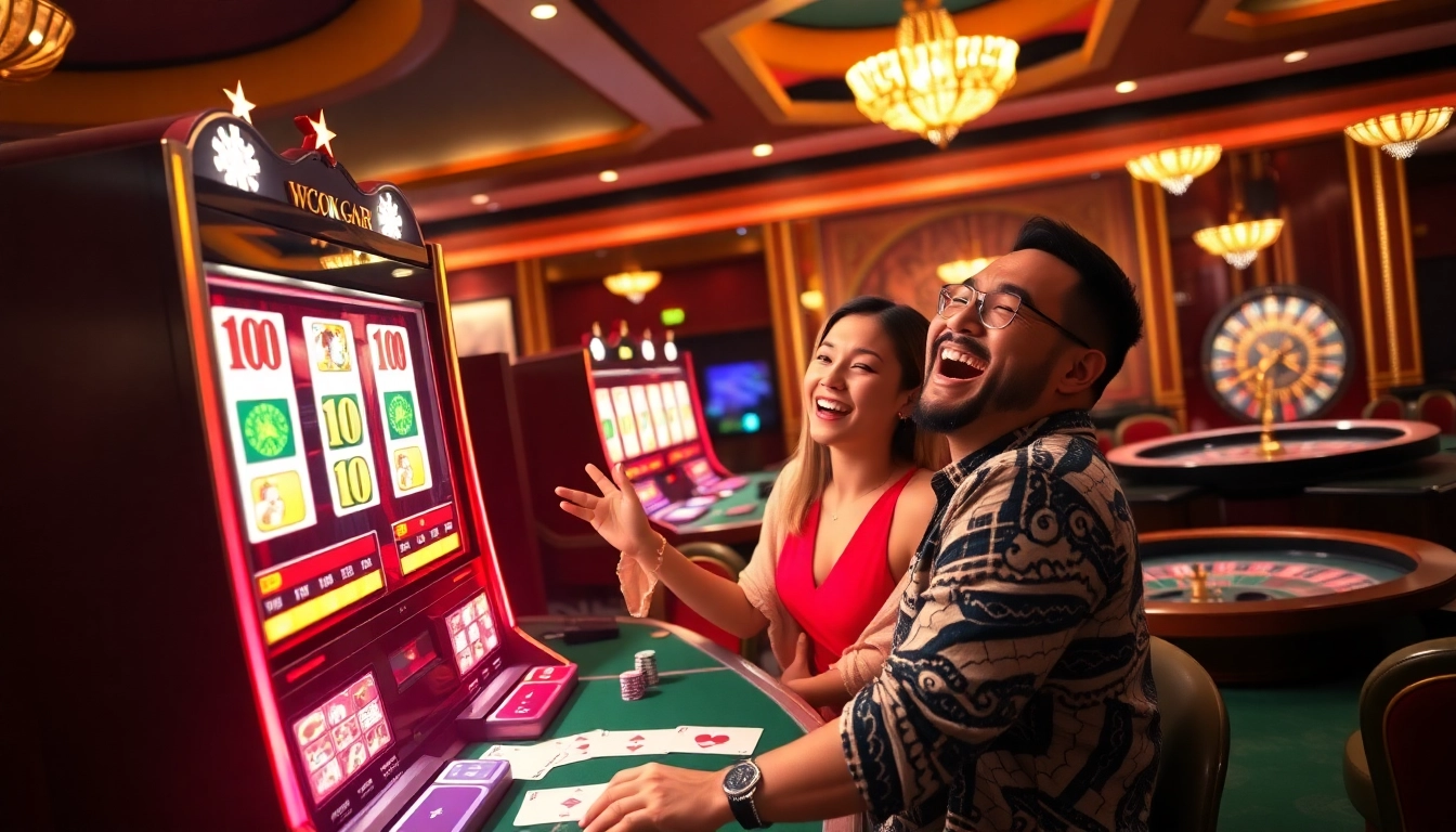 Exciting win celebration at a slot gacor machine in a vibrant casino environment.