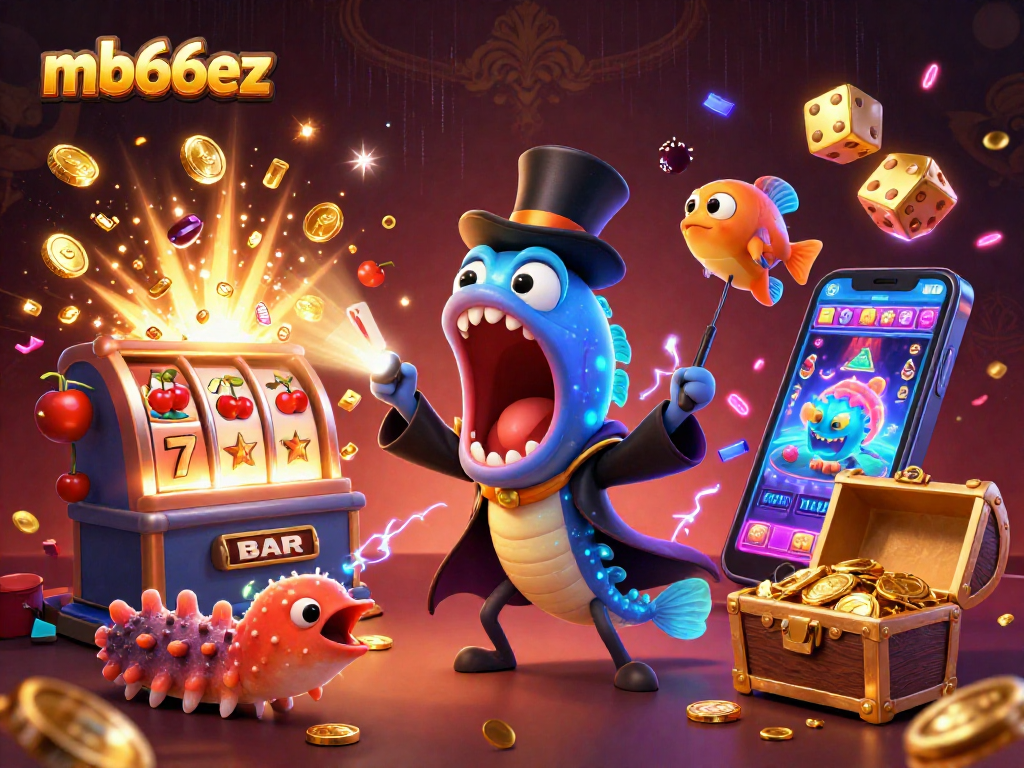 Experience the thrill of mb66ez with an engaging 3D illustration of unique casino characters performing magical tricks.
