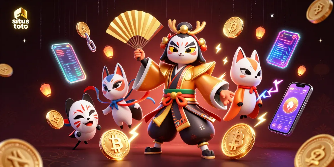 Mainkan situs toto dengan karakter yang cerah dan cryptocurrency yang bersinar dalam ilustrasi kasino 3D yang menarik ini.