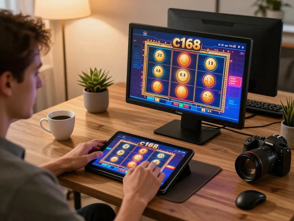 Experience thrilling gaming at c168 with a player enjoying vibrant slot games on a tablet in a cozy setting.