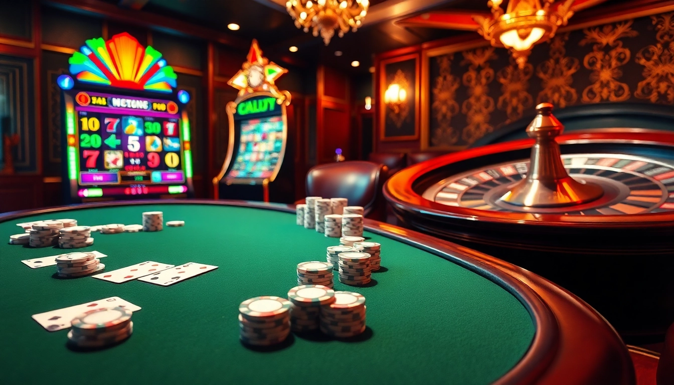 Experience the thrill of winning with leci123's download options for Android and iOS, featuring poker tables and vibrant slot machines.