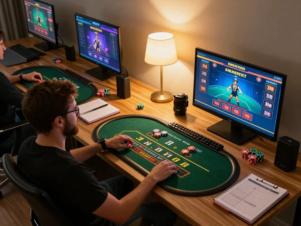 Engage in thrilling online games at luck88com with a modern home gaming setup showcasing blackjack and strategy.