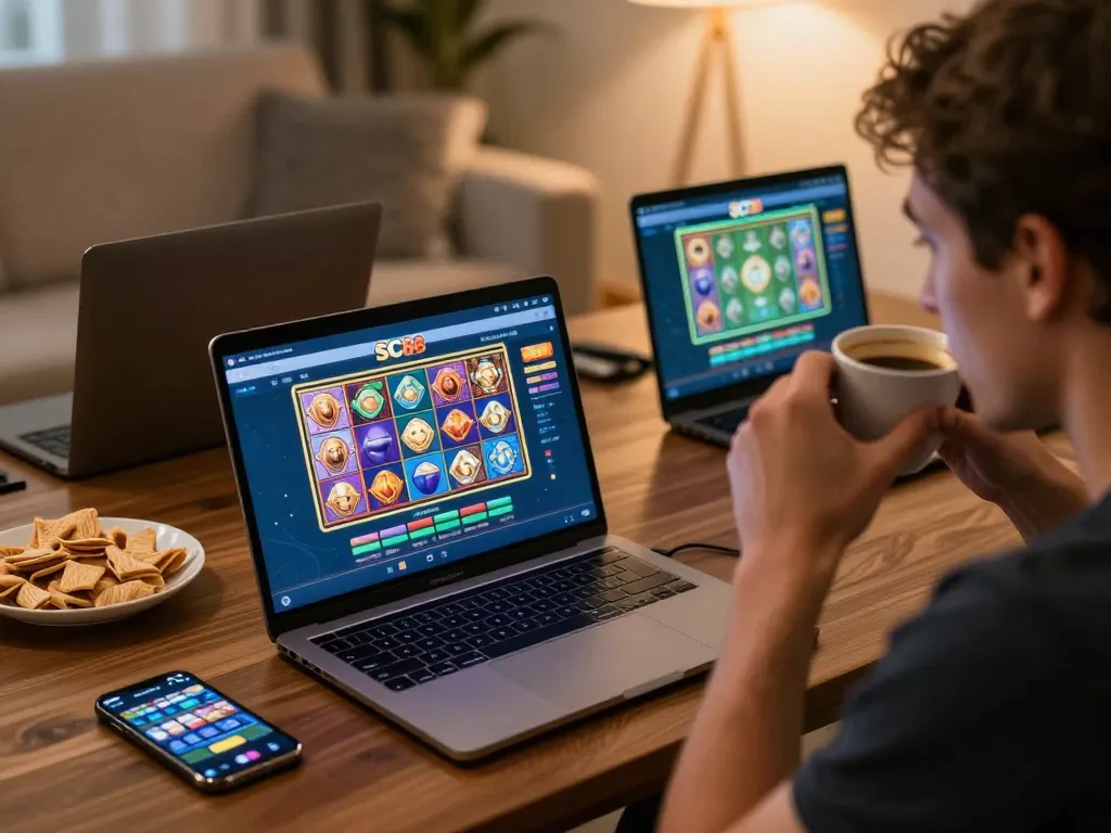 Players enjoying SC88 online casino gaming with vibrant slots and cozy home atmosphere