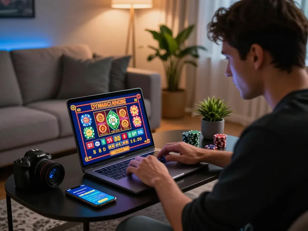 Enthusiastic player engaging with online games at https://luckywin.free/ in a modern living room.