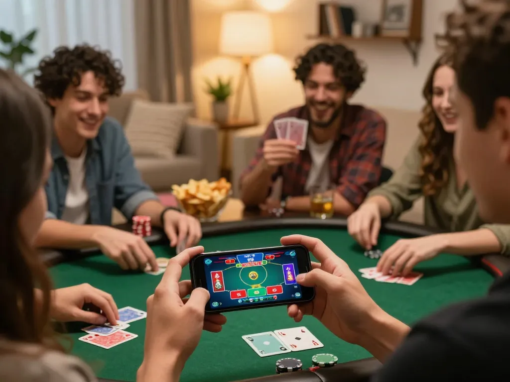 Engaging friends in online poker gameplay at taixiusunwin.art while showcasing a winning strategy.