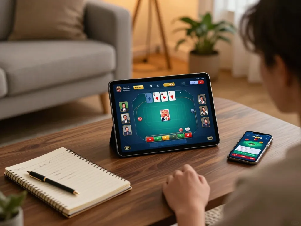 megaplus88 online poker game on tablet with player strategies in cozy living room setting