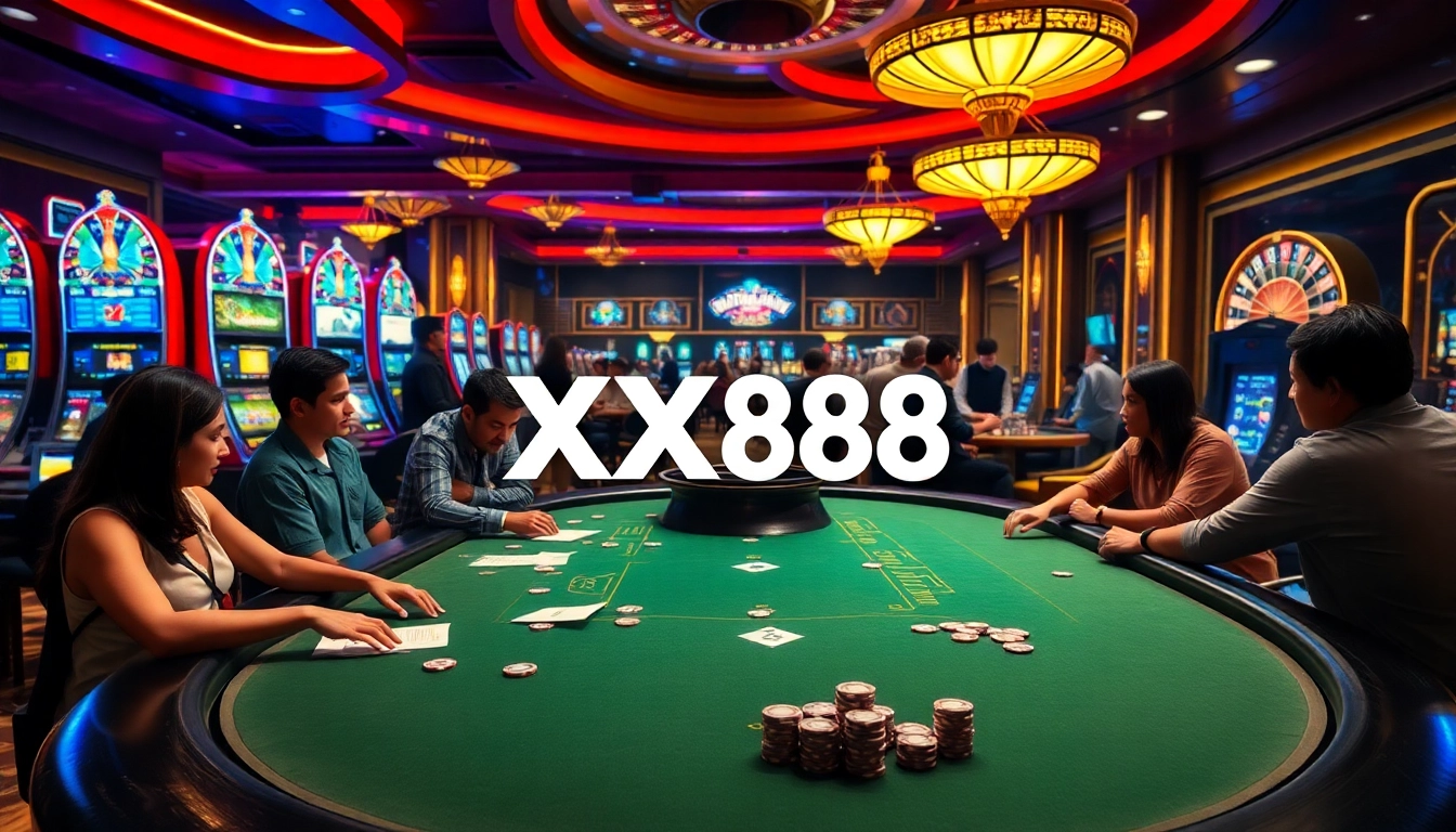 Players enjoying a thrilling poker game at the XX88 casino, showcasing excitement and strategy.