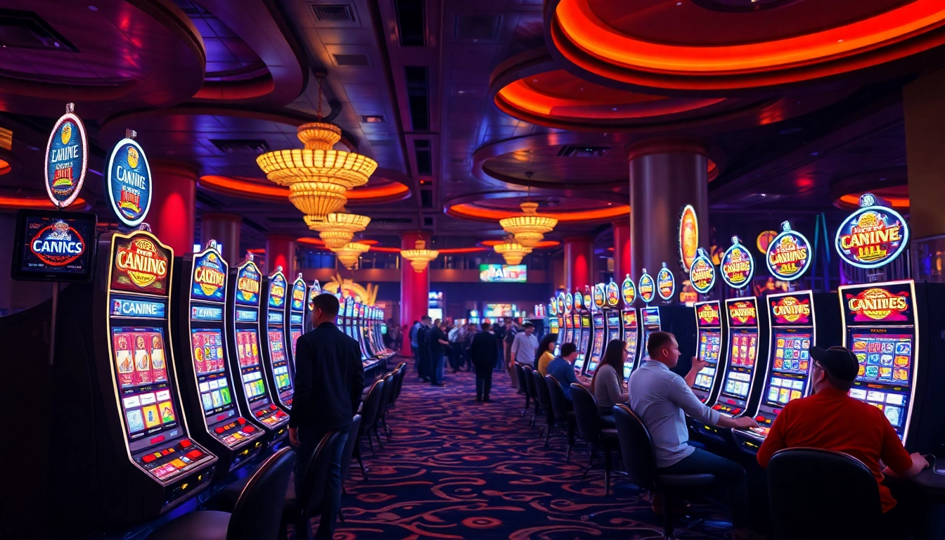 Players enjoying slot machines at AT99 casino, immersed in vibrant energy and lights.