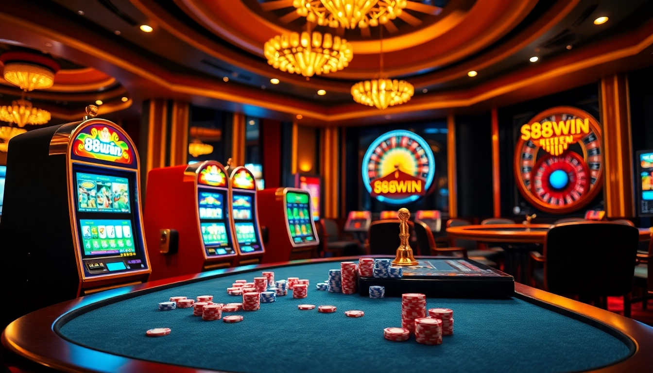 Experience the thrill at 98win's vibrant casino gaming table with illuminated slot machines.