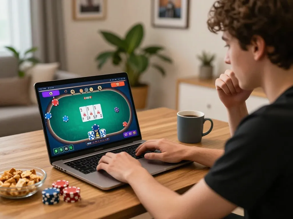 Experience strategic online gaming with TT88 on a cozy home setup featuring lively poker action.