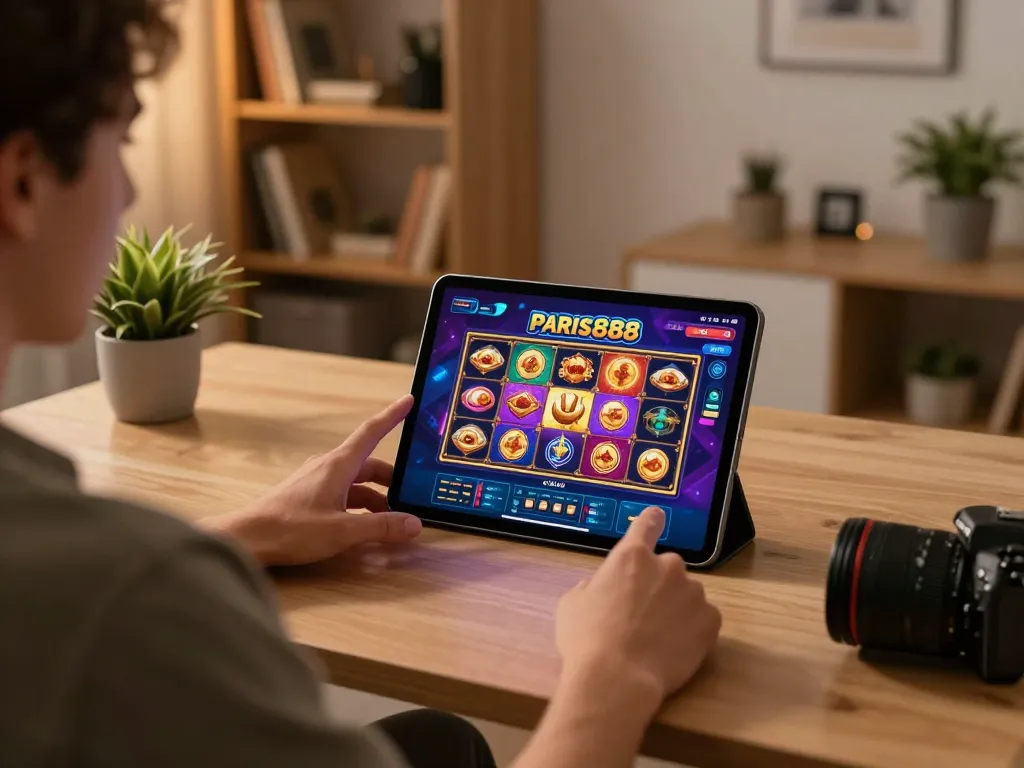 Engaging online gaming moment with paris888 slot game interface displayed on tablet in cozy home setup.