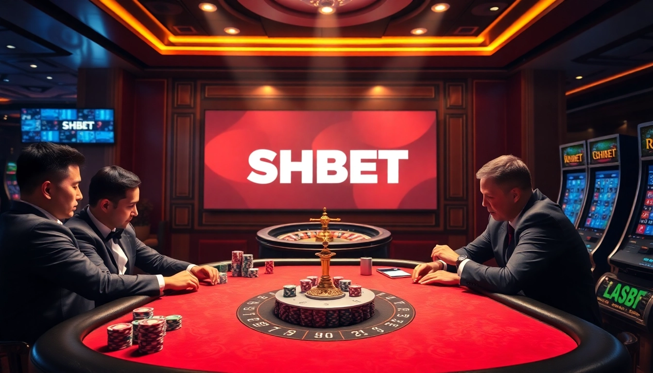 Engage with SHBET casino excitement featuring poker chips, roulette wheel, and vibrant gaming ambiance.