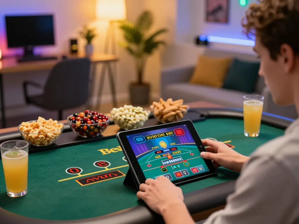 Pemain Kiu77 menikmati permainan kasino online di tablet dalam suasana rumah yang nyaman, menekankan permainan yang strategis.