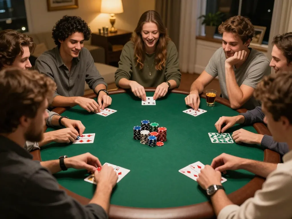 Engaged players enjoying a home poker game featuring JUARA88 setup with chips and drinks.
