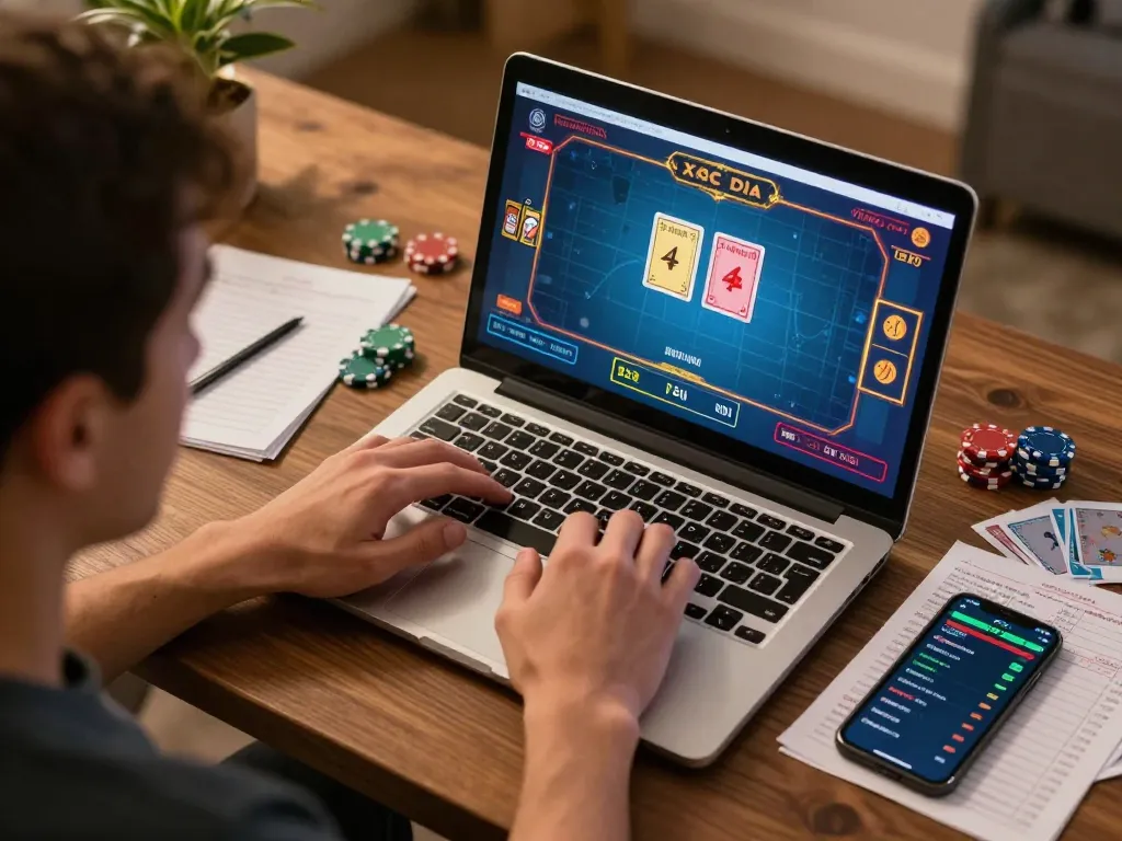 Xocdia88 player engaged in online gambling with cards and chips visible in a cozy home setting.