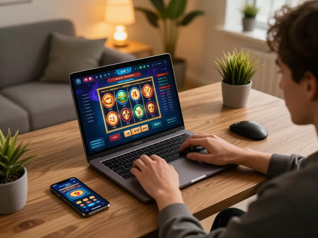 Engaged player accessing an online casino platform in their cozy home setting, showcasing links in a 링크모음 style for strategic gaming.