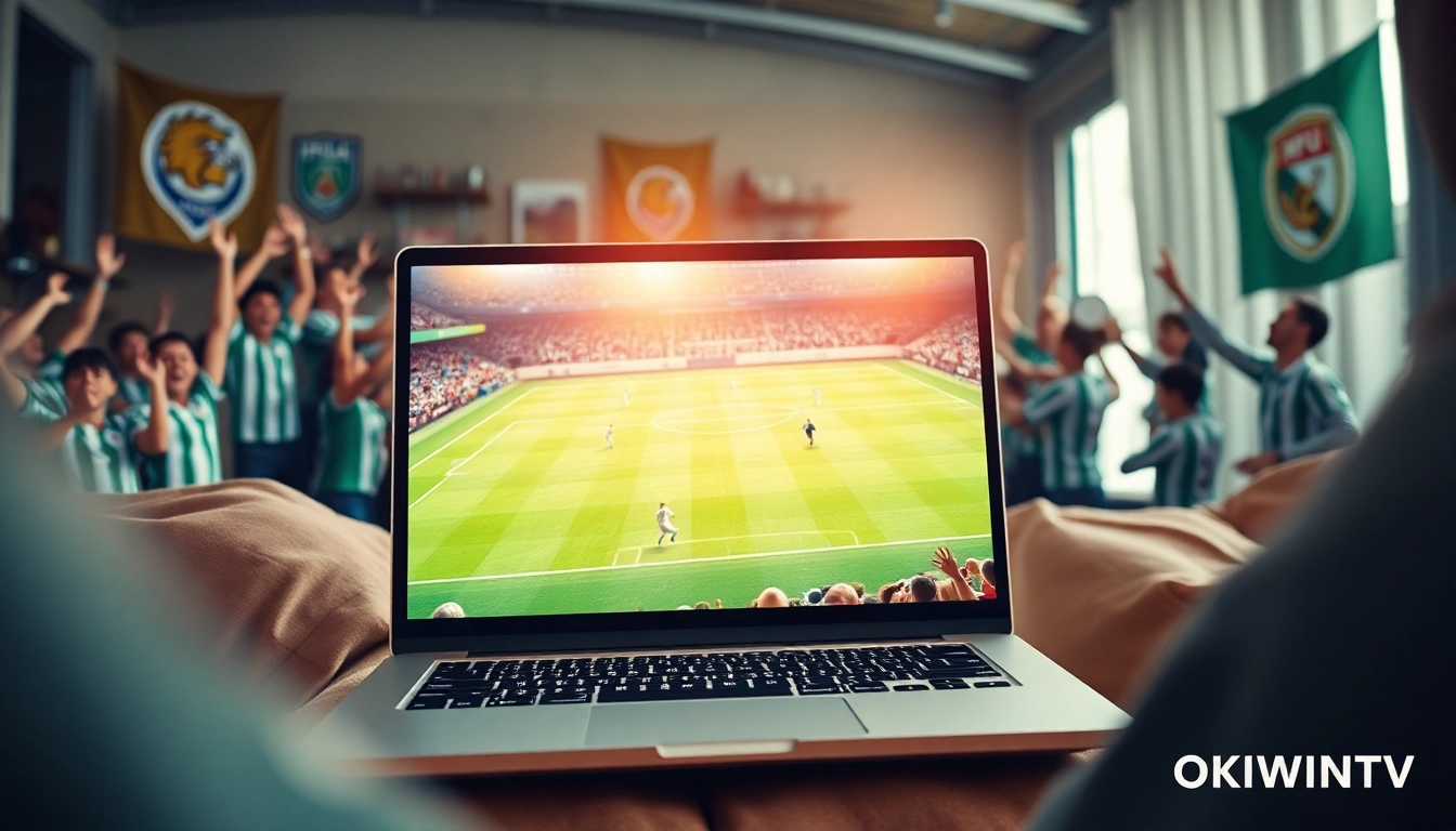 Exciting live football match on OKWINTV displayed on a laptop in a vibrant living room setting.