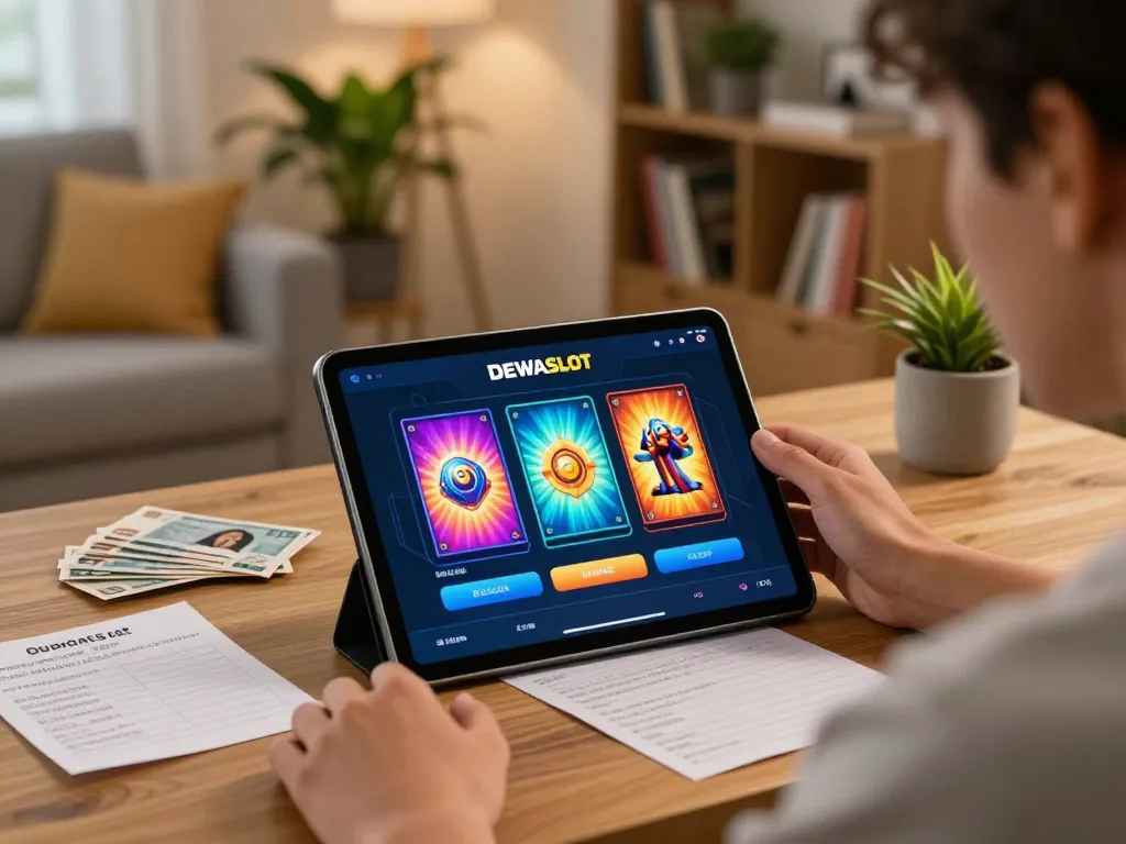 Engaging with DEWASLOT online slots on tablet in cozy home gaming setup