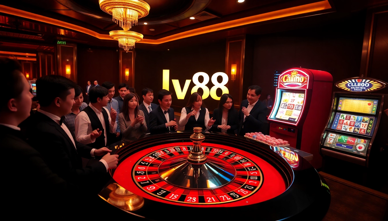 Gambling at LV88 casino with an exciting roulette table and vibrant scene, players engaged in high stakes.